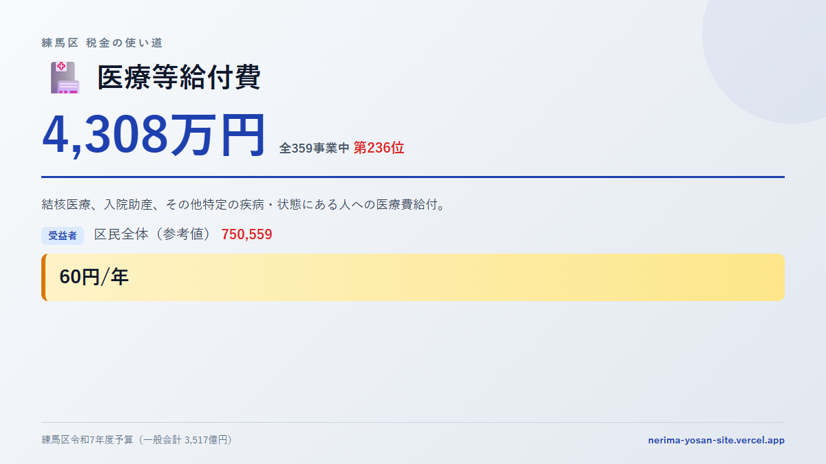 【練馬区の税金 第236位】医療等給付費に4,308万円。中身をやさしく解説
